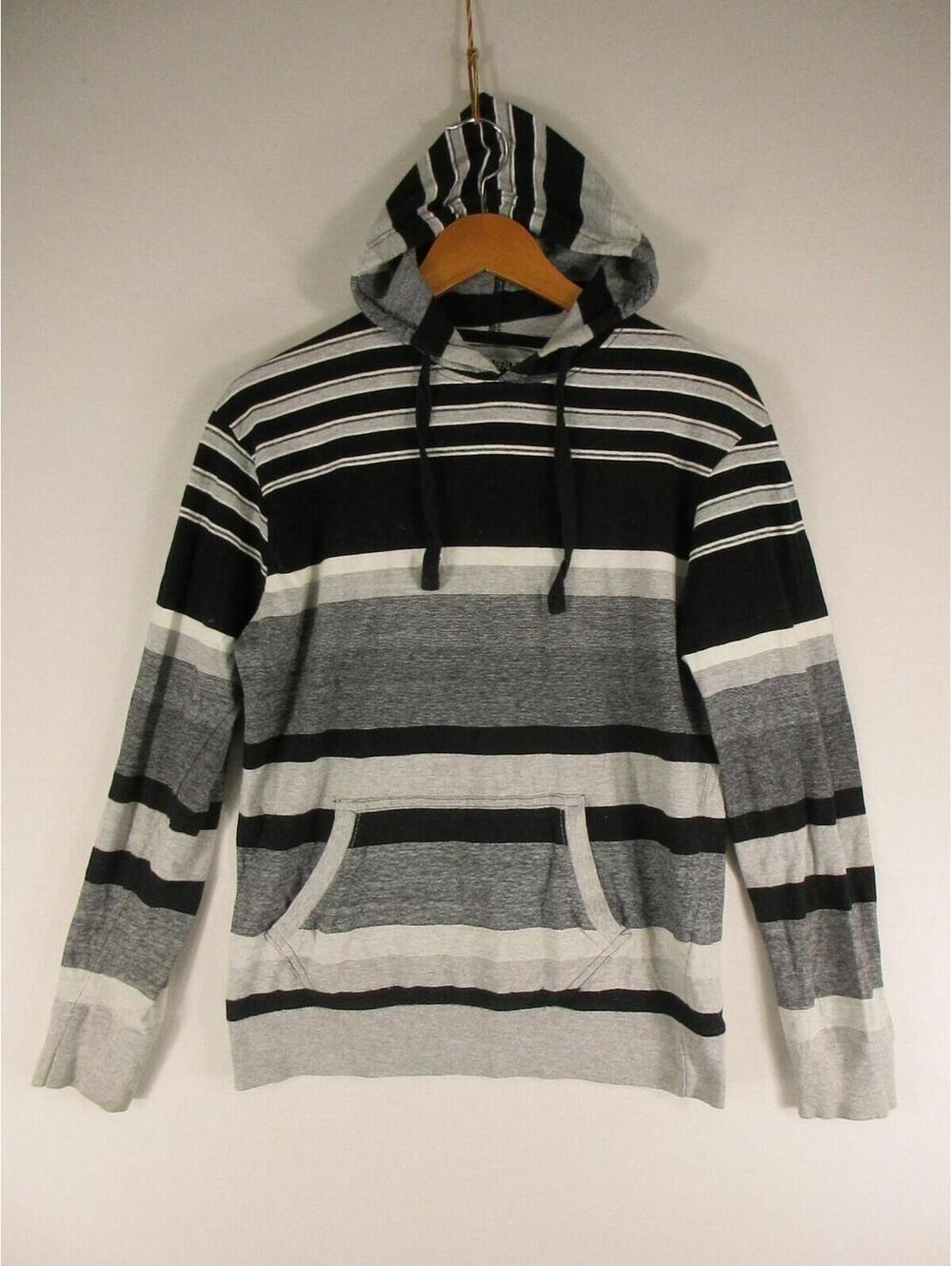 Straight Faded Hoodie Womens L Striped Pullover Hooded Sweatshirt Gray Black